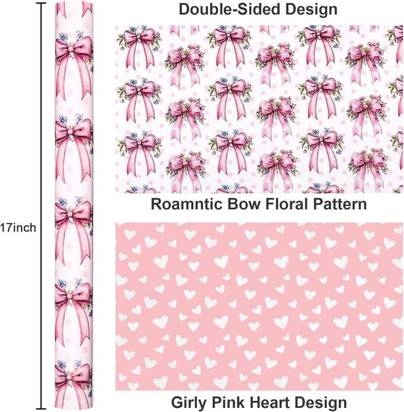 MAYPLUSS Pink Bow Wrapping Paper Roll, Girl Birthday Wrapping Paper, Reversible Girly Feminine Pink Gift Wrap with Bow Print for Baby Shower, Christmas, Valentine's Day, Mother's Day (17 In X 33 Ft) - Image 4